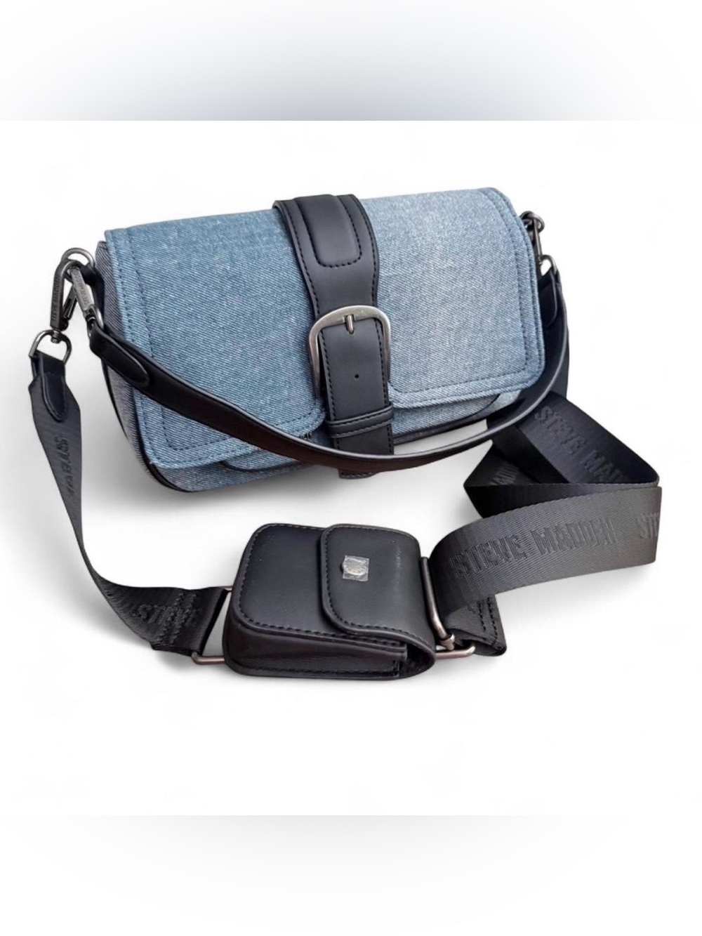 Steve Madden Denim Messenger Bag with Black Trim and Strap